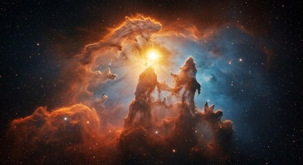 Obraz premium Majestic Nebula: Stunning Space Landscape with Bright Star, Cosmic Clouds, and Celestial Beauty in Deep Universe