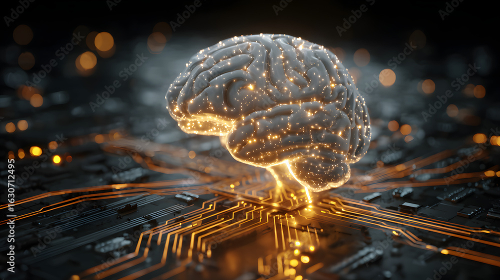 Poster futuristic concept of a digital brain, blending technology and neural networks, set against a vibran