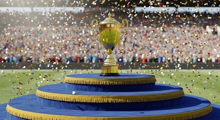 Golden championship trophy gleaming on a blue pedestal amidst a shower of confetti and cheering crowd