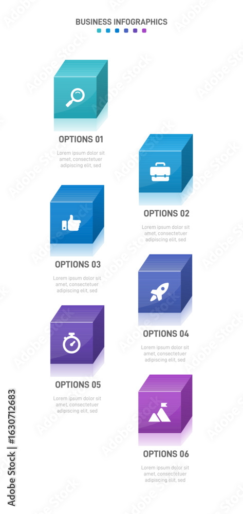 Poster vertical progress bar featuring 6 arrow-shaped elements, symbolizing the six stages of business stra