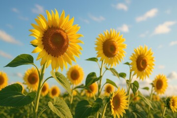 Obraz premium Vibrant sunflowers under blue sky.
