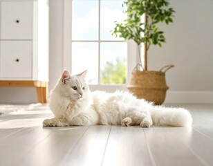 Fluffy white cat resting on light wooden floor in sunlit room