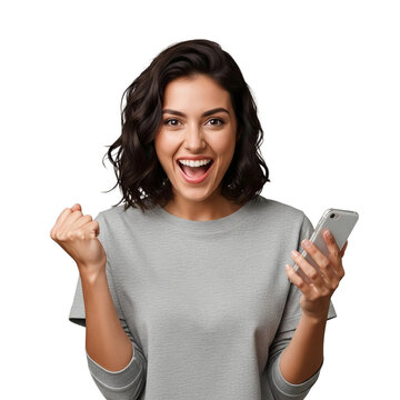 Portrait of an overjoyed woman celebrating success, holding a mobile phone with a victory gesture, Isolated on a Transparent Background PNG.