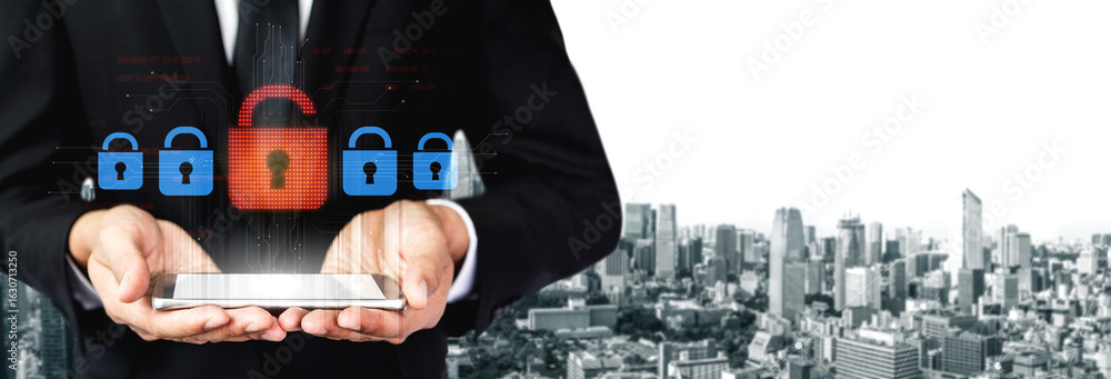 Poster digital security concept illustrating a cybersecurity breach, with a red unlocked padlock indicating