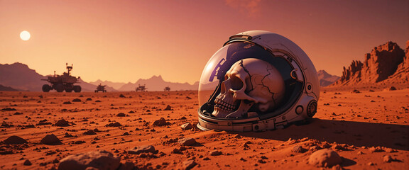 Astronaut Helmet with Skull on Alien Planet &ndash; Desert Terrain with Rovers and Robots Exploring