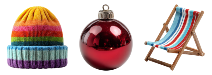 Colorful Hat, Ornament, and Deck Chair on Transparent Background