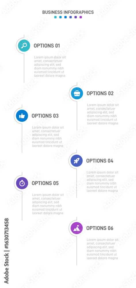 Poster vertical progress bar featuring 6 arrow-shaped elements, symbolizing the six stages of business stra