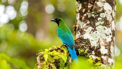 Obraz premium Vibrant green and blue bird perched on a mossy tree branch, surrounded by lush green foliage