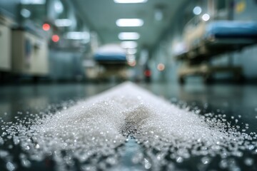 Sugar granules scattered on hospital floor highlighting health risks and dangers of excessive consumption