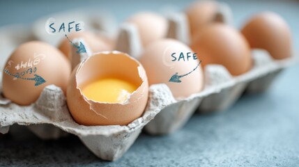 Sharp medium view of one cracked egg in carton with softly blurred arrows labeled safe and toss guiding understanding of freshness levels and egg disposal rules.