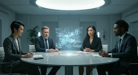 Diverse Business Team Meeting with Hologram Display in Modern Office, Collaboration and Futuristic Technology Concept