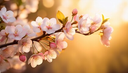 close up of a blossoming tree branch with pink and white flowers against a soft yellow background light