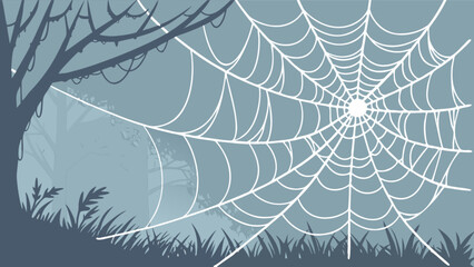 Obraz premium A spiderweb is suspended between trees in a misty forest, creating a spooky and atmospheric scene, perfect for halloween or autumnthemed designs
