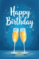 Two champagne flutes with bubbly drink on a blue background with gold stars and Happy Birthday text.
