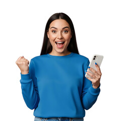 A portrait of an amazed and happy young woman celebrating good news on her mobile device, making a winner gesture, Isolated on a Transparent Background PNG.
