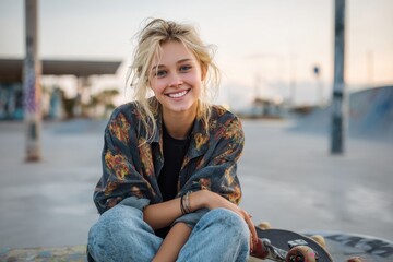 Fototapeta premium A smiling young blonde girl sits on a skateboard against a light backdrop