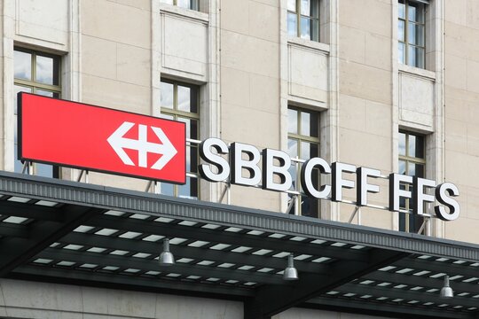 Geneva, Switzerland - July 7, 2025: SBB CFF FFS logo on the Cornavin railway station in Geneva, Switzerland. Swiss federal railways is the national railway company of Switzerland