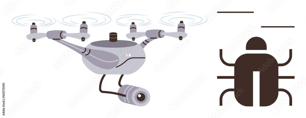 Poster drone with propellers and camera in flight alongside stylized insect-thumbs up robot design. ideal f