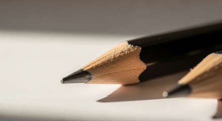 Obraz premium Close-up of sharpened pencils on white paper with soft shadows