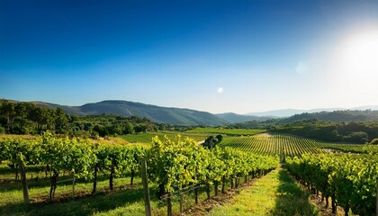 Fototapeta premium serene countryside vineyard with lush greenery distant hills and a clear blue sky