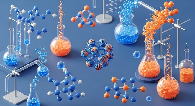 3d rendering of laboratory glassware and molecules.