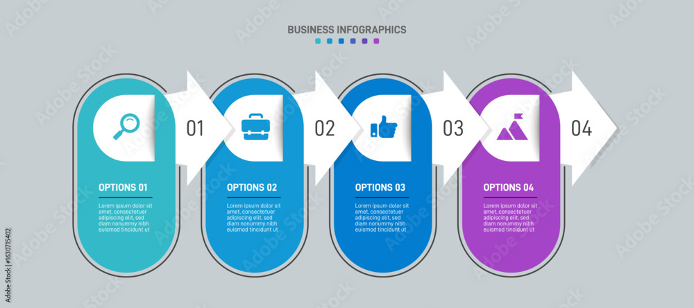 Poster progress bar featuring 4 arrow-shaped elements, symbolizing the four stages of business strategy and