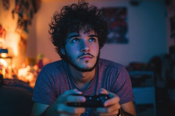 A young man using a game controller to play games