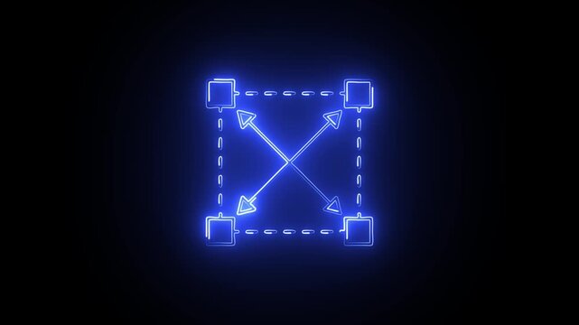 blue Neon Glowing Resize Icon on Dark Background. Futuristic blue Neon Expand & Contract Arrows Symbol. Radiant blue Neon Four-Way Resize Indicator.