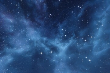 Naklejka premium Starry sky background, blue night sky full of stars, glowing stars in the dark space, starry background, dark night, stars in the distance, starlight, dark background with a blue glow, night sky. 