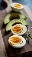 Healthy breakfast featuring sliced hard boiled eggs and avocado seasoned with herbs on a wooden board