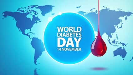 World diabetes day awareness campaign with a blood drop and global map background