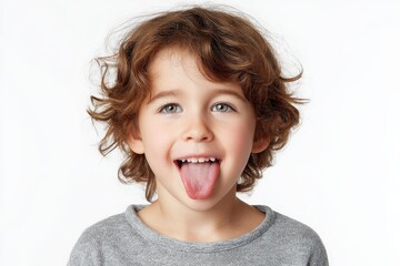 adorable child with tongue out set against a white backdrop
