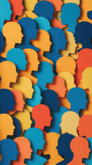 Obraz premium A vibrant overhead view of a diverse crowd of colorful paper cutouts representing human heads and profiles