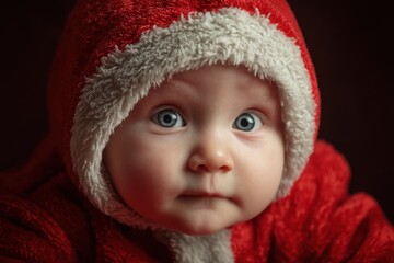 Adorable infant in Santa costume perfect for calendars and holiday wishes