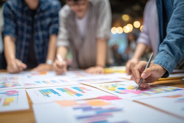 A team of Asians reviews financial and marketing charts during a business seminar