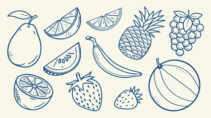 Hand-Drawn Fruit Sketch Vector Collection, Blue Ink Line Art of Tropical and Citrus Fruits for Organic Food, Kitchen Decor, and Packaging Design