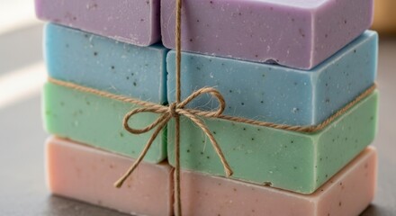 Colorful Handmade Soap Stacked with Twine on a Natural Background