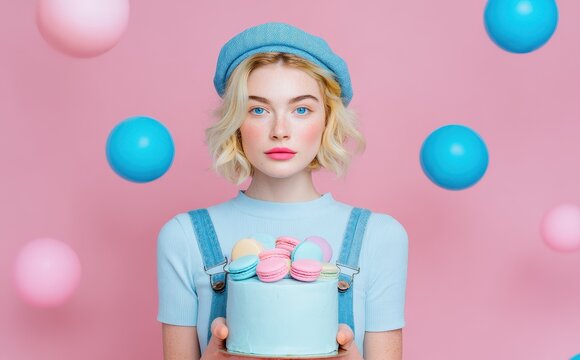 A young woman with a cake decorated with macaroons stands against a pink backdrop featuring blue spheres - Powered by Adobe