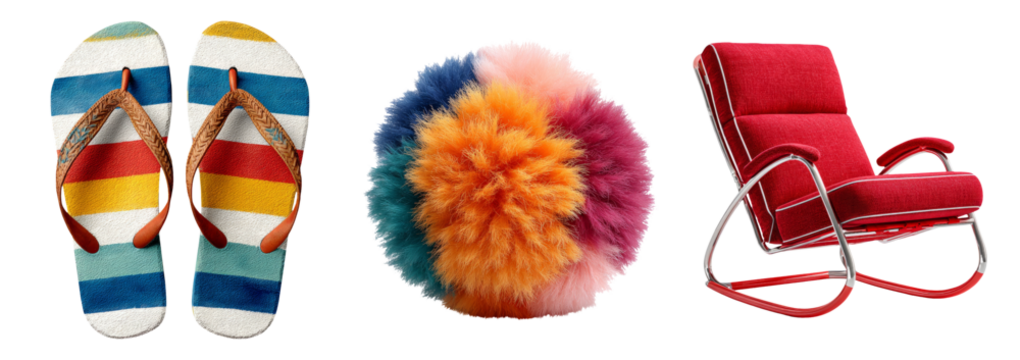 Colorful Flip Flops, Pom Pom, and Modern Chair on White Background