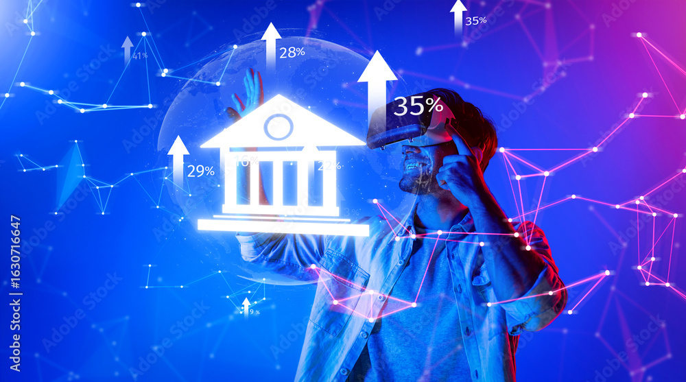 Poster explore the intersection of banking and technology with this virtual reality concept, showcasing the
