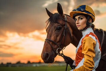 Fototapeta premium A lovely girl jockey in a unique outfit stands beside her horse against a sunset backdrop of sky and green fields