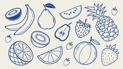 Hand-Drawn Fruit Sketch Vector Collection, Blue Ink Line Art of Tropical and Citrus Fruits for Organic Food, Kitchen Decor, and Packaging Design