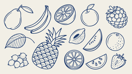 Hand-Drawn Fruit Sketch Vector Collection, Blue Ink Line Art of Tropical and Citrus Fruits for Organic Food, Kitchen Decor, and Packaging Design