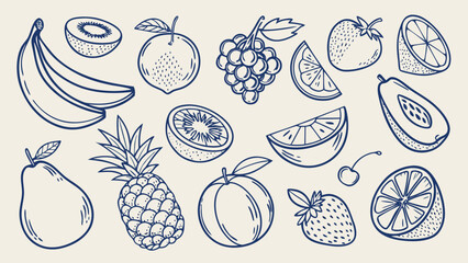 Hand-Drawn Fruit Sketch Vector Collection, Blue Ink Line Art of Tropical and Citrus Fruits for Organic Food, Kitchen Decor, and Packaging Design