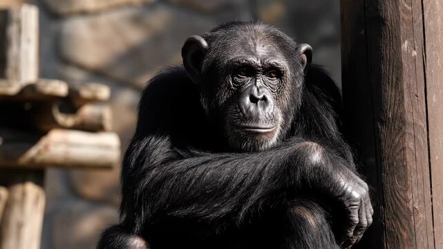 Close-up of a chimpanzee resting with folded arms against a wooden post, calmly observing surroundings under warm sunlight in a zoo enclosure.

