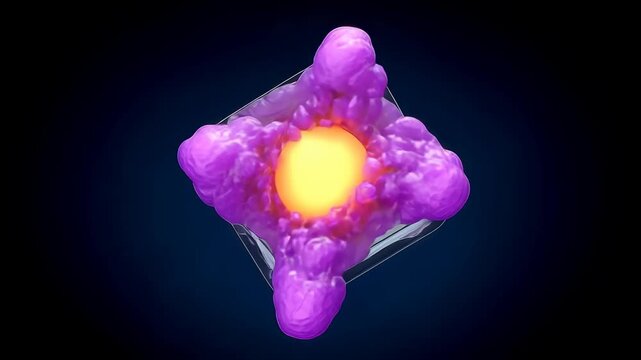 3D transparent glass app icon with yellow sphere and mutating pink liquid bursting out on dark background