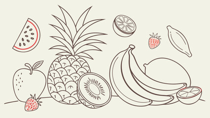 Hand-Drawn Fruit Sketch Vector Collection, Blue Ink Line Art of Tropical and Citrus Fruits for Organic Food, Kitchen Decor, and Packaging Design