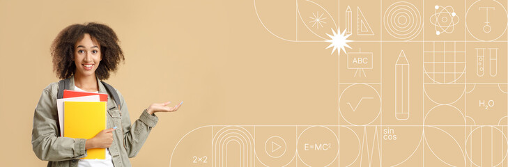 A student stands confidently with colorful folders and books in hand, promoting a positive attitude toward learning and education. The background features academic elements and clear space for text.