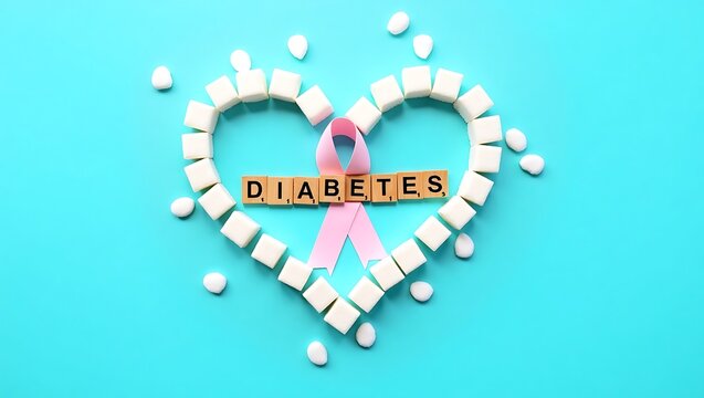 Heart shaped sugar cubes and pink ribbon symbolize diabetes awareness and health