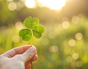 Green clover held in hand, sunlight